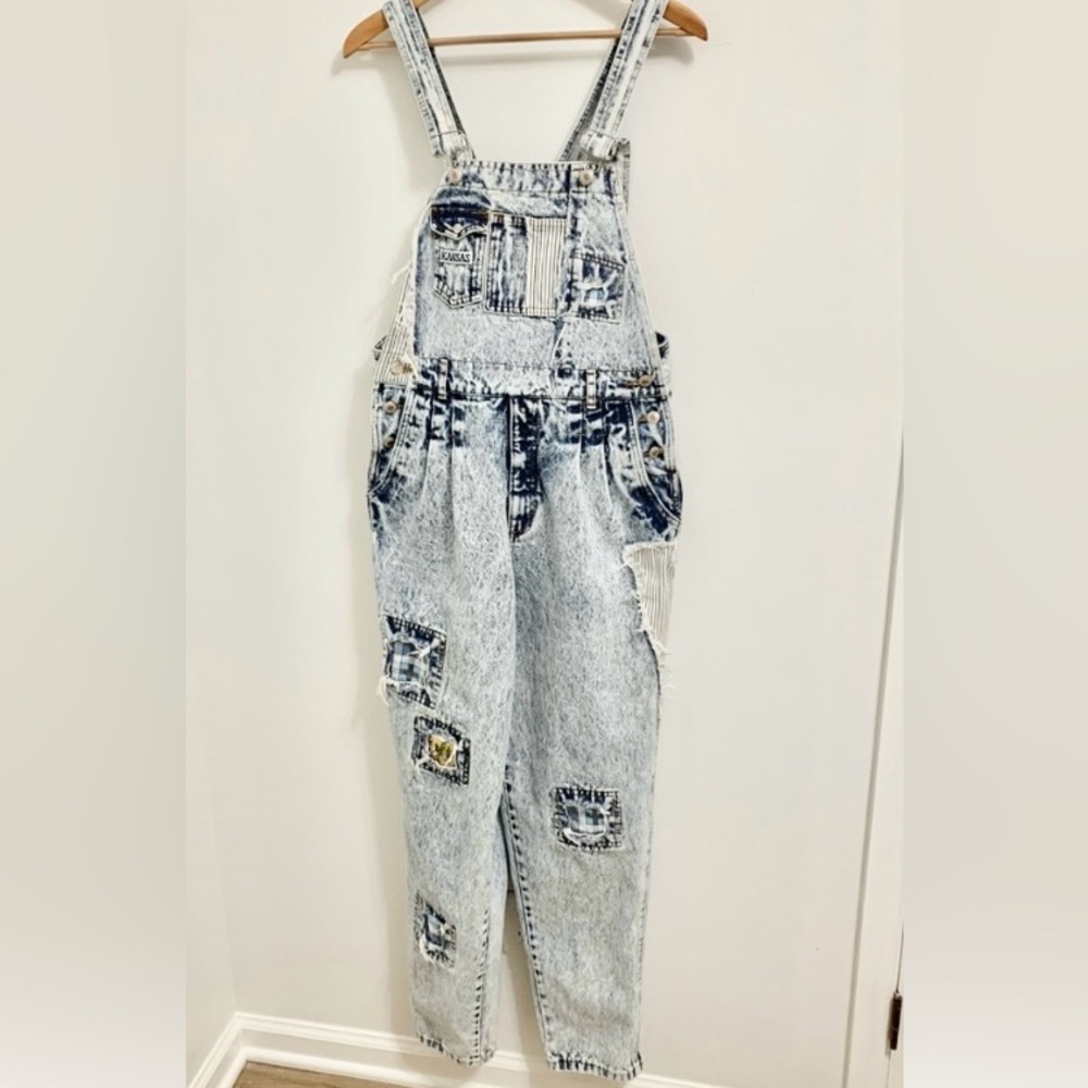 Vintage Kansas Acid Washed Barrel Leg Patchwork Denim Overalls 33 - Women’s 6/8
